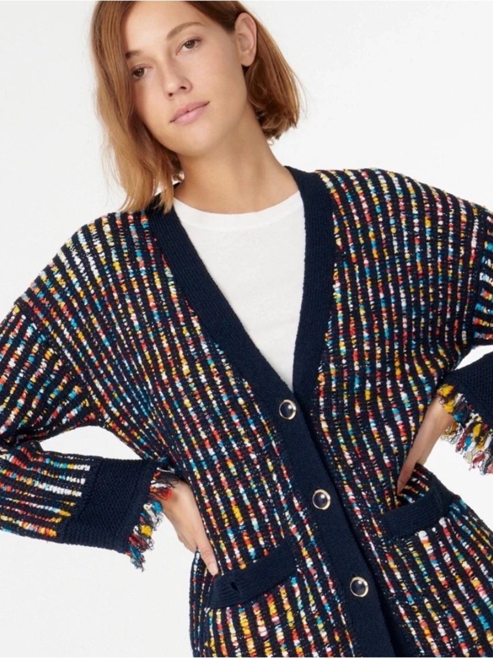 J. Crew Navy Multicolor Speckled Fringe-Trim Cardigan